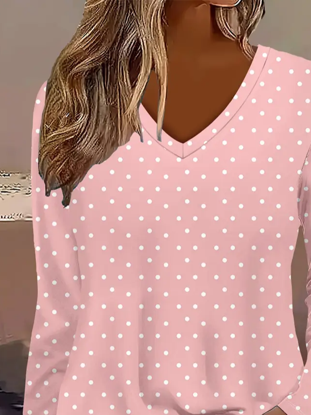 Damen Polka Dots Langarm T-Shirts T-Shirt V-Ausschnitt Print Lässig Frühling/Herbst T-Shirt mit Grafik Oberteile