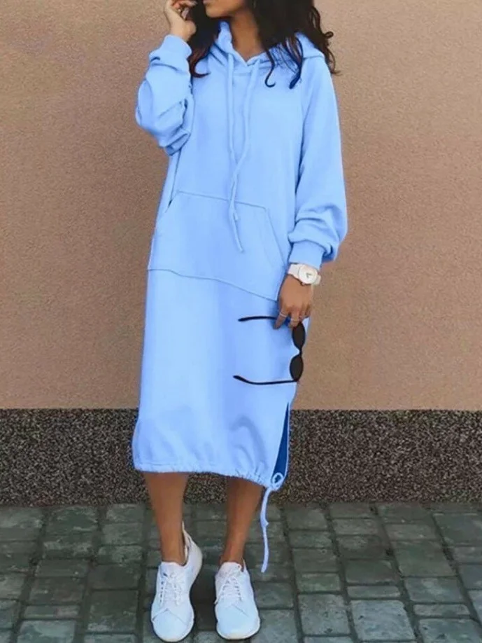 Damen Unifarben Langarm Frühling/Herbst Nahtverarbeitung Kleid Mit Kapuze Täglich Retro Maxikleid Hoodie-Kleid A-Linien-Kleid