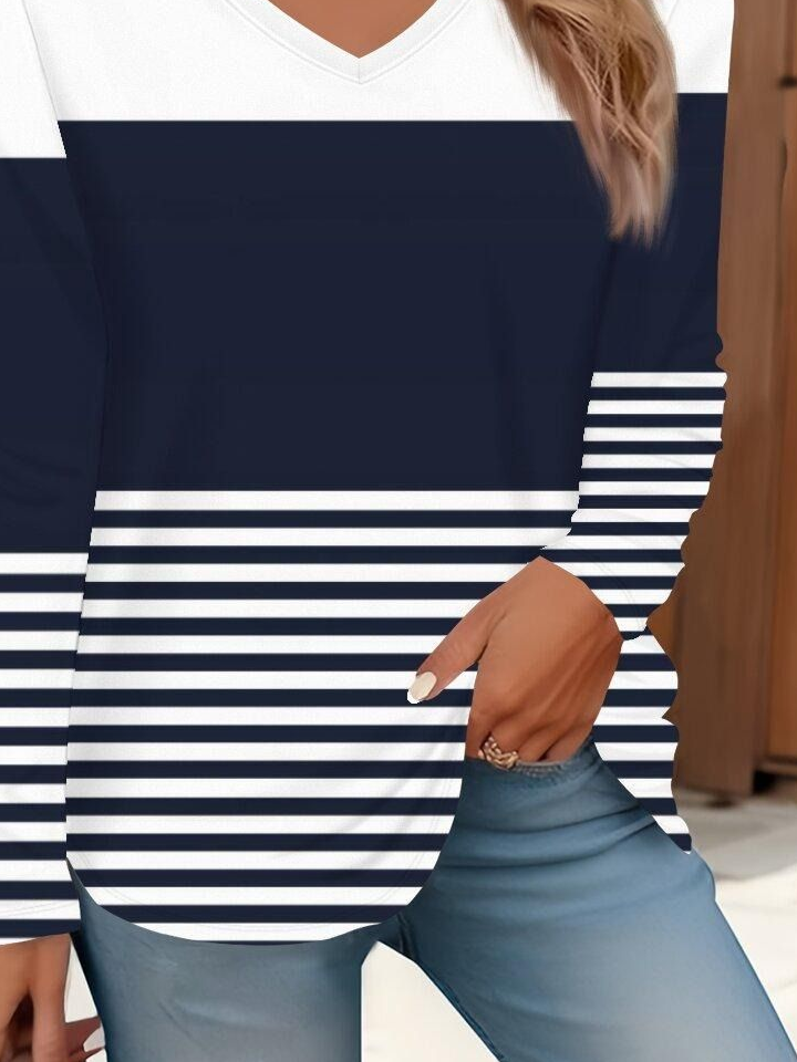 Damen Gestreift Langarm T-Shirts T-Shirt V-Ausschnitt Print Lässig Frühling/Herbst T-Shirt mit Grafik Oberteile
