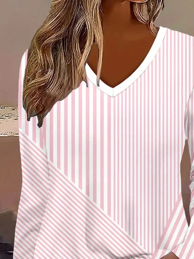Damen Gestreift Langarm T-Shirts T-Shirt V-Ausschnitt Print Lässig Frühling/Herbst T-Shirt mit Grafik Oberteile