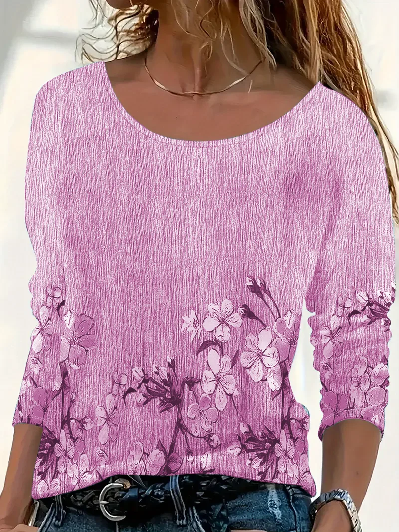 Damen Geblümt Langarm T-Shirts T-Shirt Rundhals Print Lässig Frühling/Herbst T-Shirt mit Grafik Oberteile