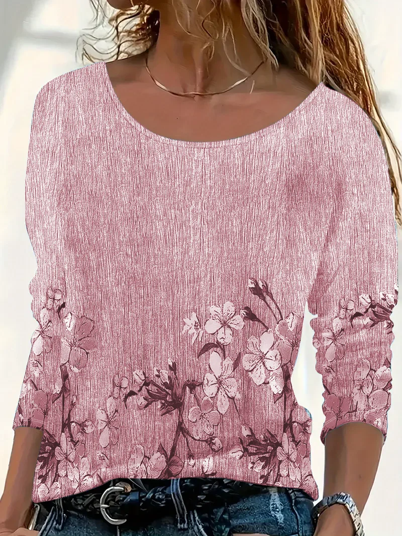 Damen Geblümt Langarm T-Shirts T-Shirt Rundhals Print Lässig Frühling/Herbst T-Shirt mit Grafik Oberteile