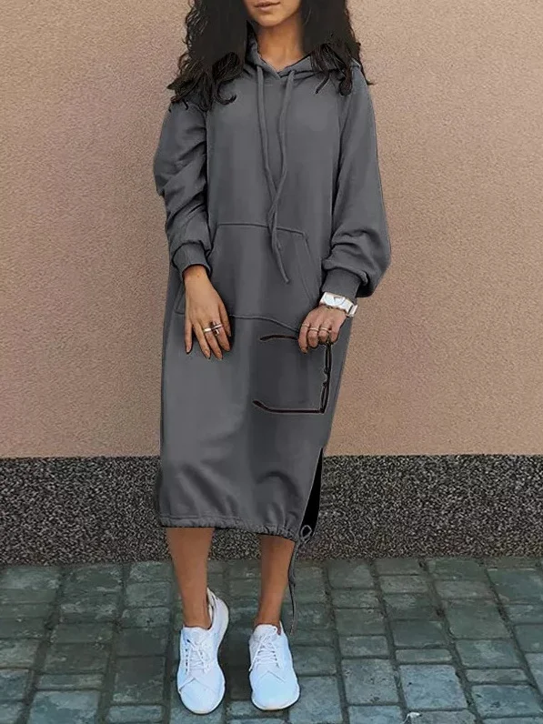 Damen Unifarben Langarm Frühling/Herbst Nahtverarbeitung Kleid Mit Kapuze Täglich Retro Maxikleid Hoodie-Kleid A-Linien-Kleid