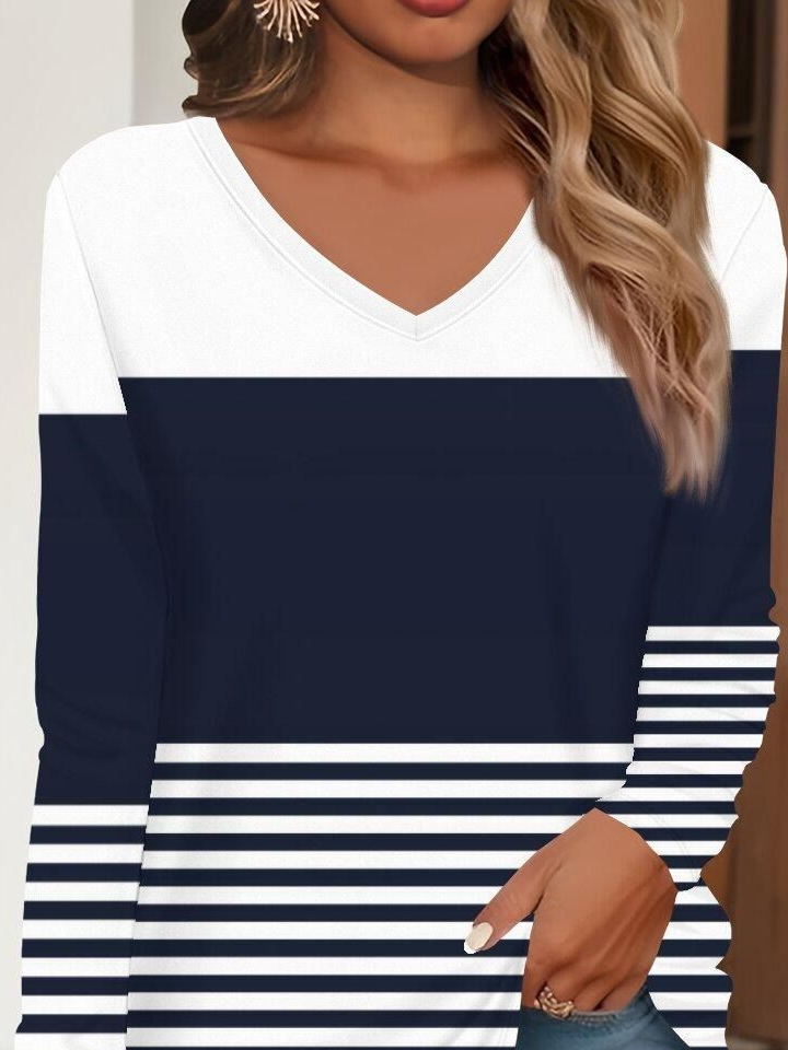Damen Gestreift Langarm T-Shirts T-Shirt V-Ausschnitt Print Lässig Frühling/Herbst T-Shirt mit Grafik Oberteile
