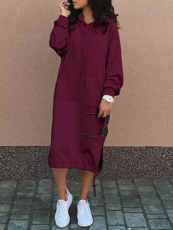 Damen Unifarben Langarm Frühling/Herbst Nahtverarbeitung Kleid Mit Kapuze Täglich Retro Maxikleid Hoodie-Kleid A-Linien-Kleid