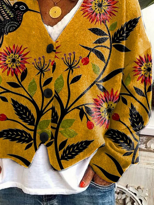 Damen Geblümt Lässig Frühling/Herbst Print Strickjacke