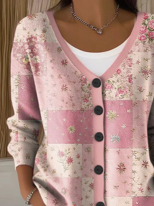 Damen Geblümt Lässig Frühling/Herbst Print Strickjacke