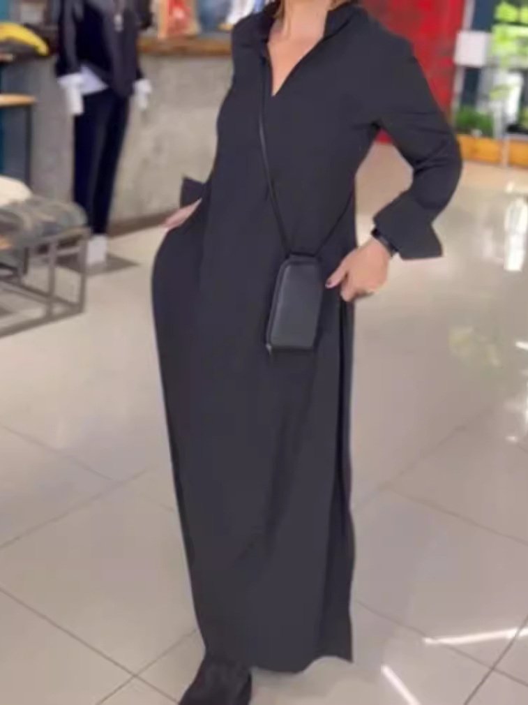 Damen Unifarben Langarm Frühling/Herbst Nahtverarbeitung Kleid V-Ausschnitt Täglich Retro Maxikleid Blusenkleid A-Linien-Kleid