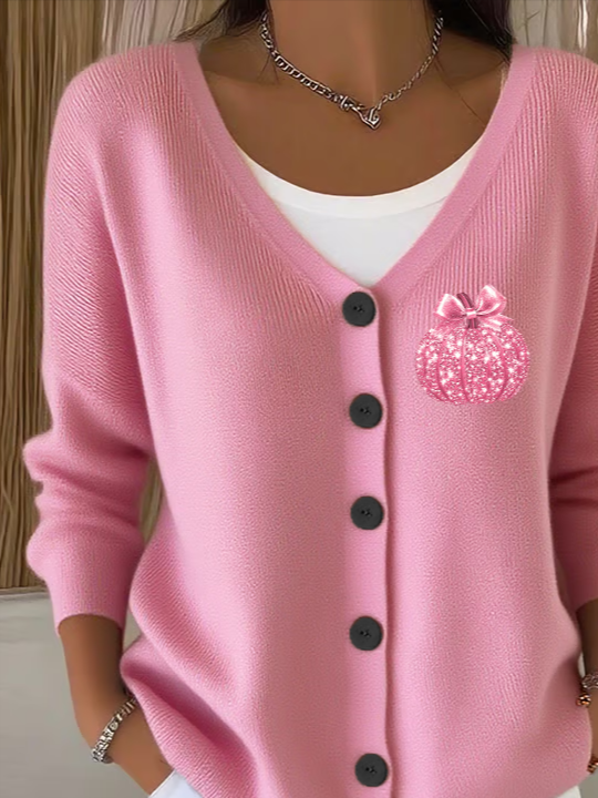 Damen Kürbismuster Lässig Frühling/Herbst Print Strickjacke