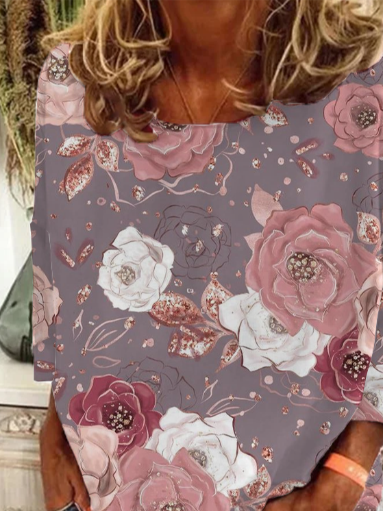 Damen Geblümt Langarm T-Shirts T-Shirt Rundhals Print Lässig Frühling/Herbst T-Shirt mit Grafik Oberteile