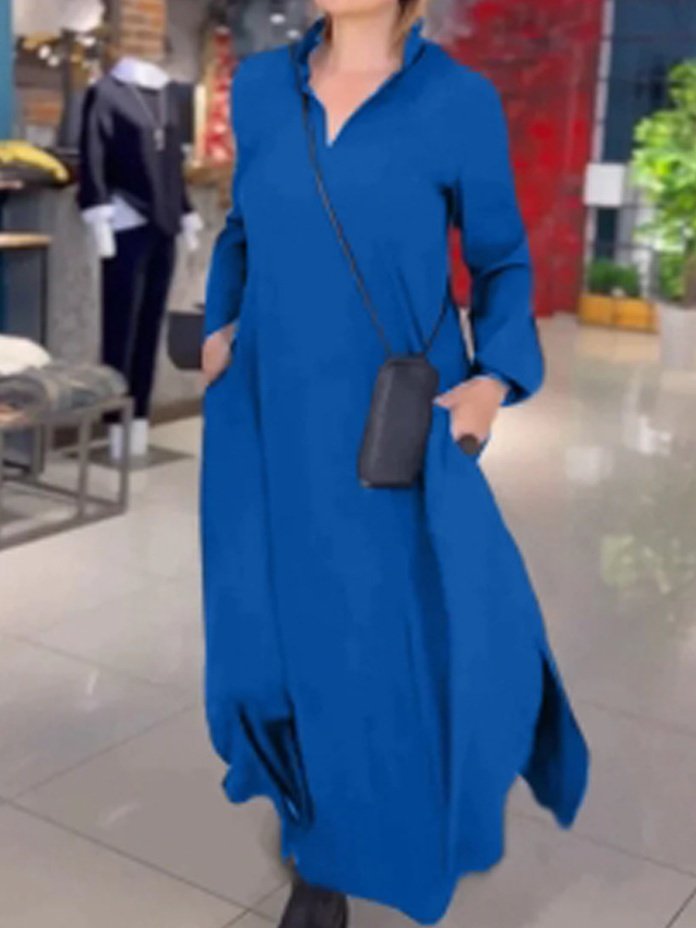 Damen Unifarben Langarm Frühling/Herbst Nahtverarbeitung Kleid V-Ausschnitt Täglich Retro Maxikleid Blusenkleid A-Linien-Kleid