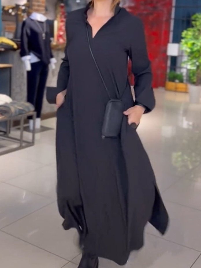 Damen Unifarben Langarm Frühling/Herbst Nahtverarbeitung Kleid V-Ausschnitt Täglich Retro Maxikleid Blusenkleid A-Linien-Kleid