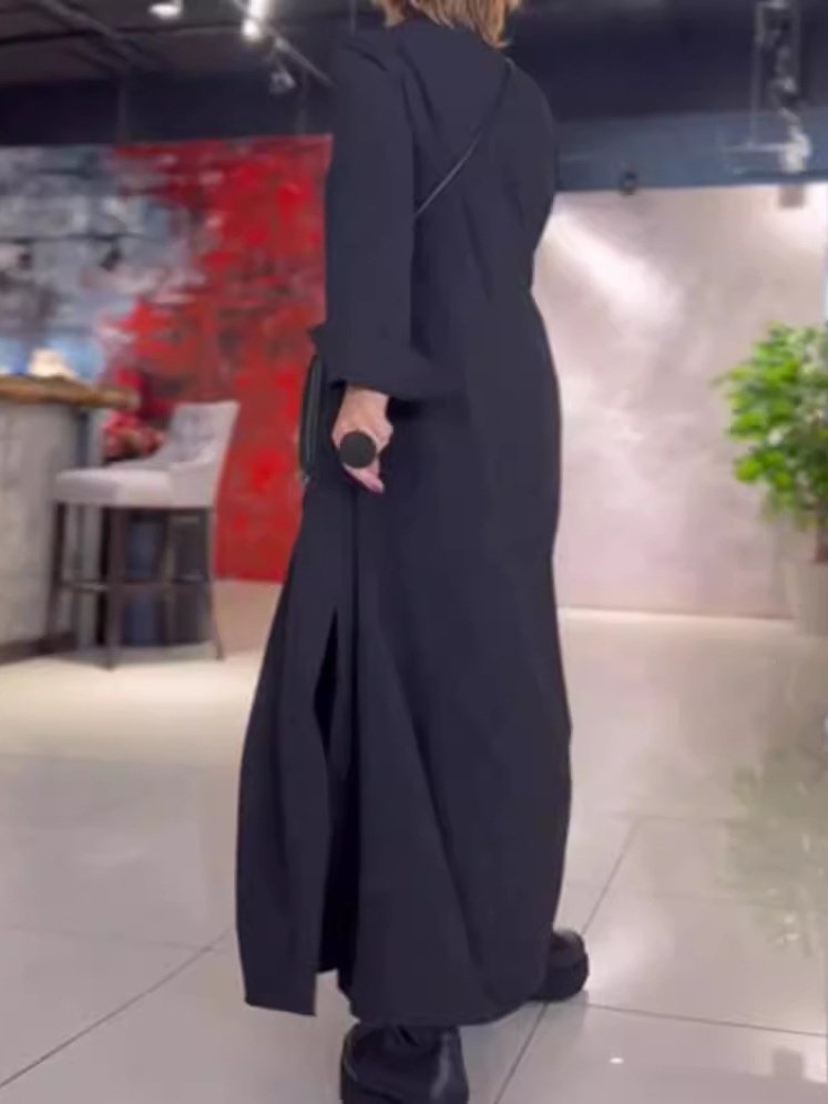Damen Unifarben Langarm Frühling/Herbst Nahtverarbeitung Kleid V-Ausschnitt Täglich Retro Maxikleid Blusenkleid A-Linien-Kleid