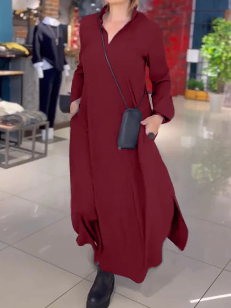 Damen Unifarben Langarm Frühling/Herbst Nahtverarbeitung Kleid V-Ausschnitt Täglich Retro Maxikleid Blusenkleid A-Linien-Kleid
