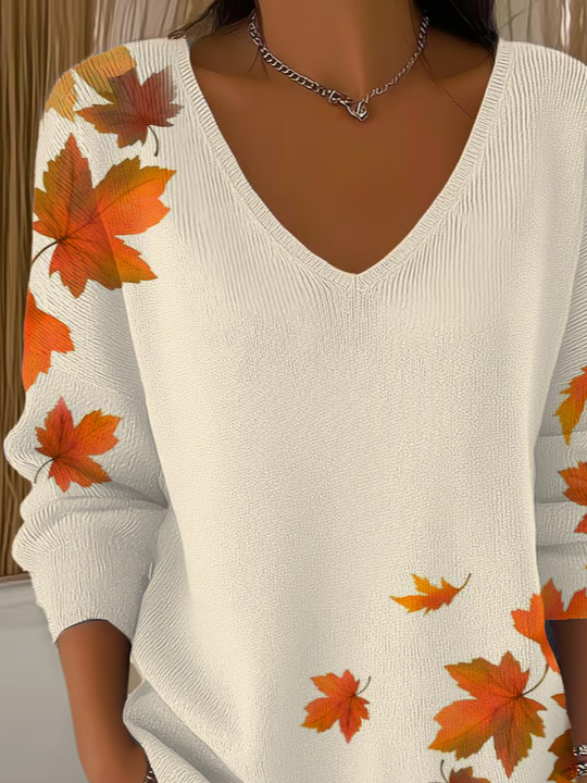 Damen Ahornblatt Langarm T-Shirts T-Shirt V-Ausschnitt Print Lässig Frühling/Herbst Oberteile