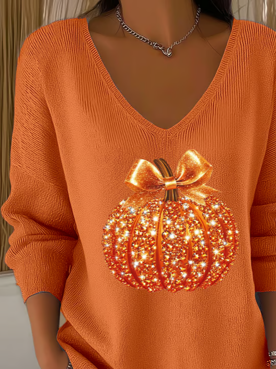 Damen Halloween (Kürbis) Langarm T-Shirts T-Shirt V-Ausschnitt Print Lässig Frühling/Herbst Oberteile