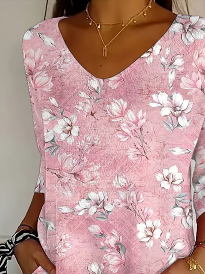 Damen Geblümt Dreiviertelärmel T-Shirts T-Shirt V-Ausschnitt Print Lässig Frühling/Herbst T-Shirt mit Grafik Oberteile