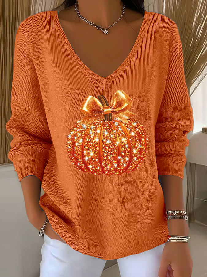 Damen Halloween (Kürbis) Langarm T-Shirts T-Shirt V-Ausschnitt Print Lässig Frühling/Herbst Oberteile