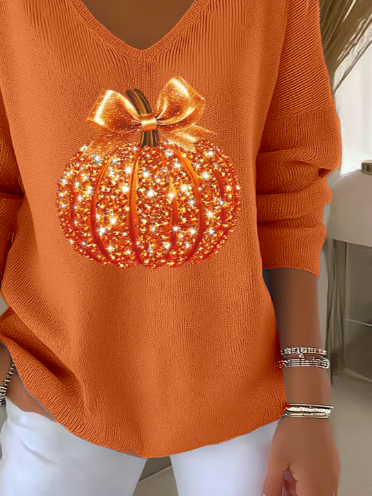 Damen Halloween (Kürbis) Langarm T-Shirts T-Shirt V-Ausschnitt Print Lässig Frühling/Herbst Oberteile