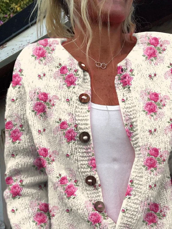 Damen Geblümt Lässig Frühling/Herbst Print Strickjacke
