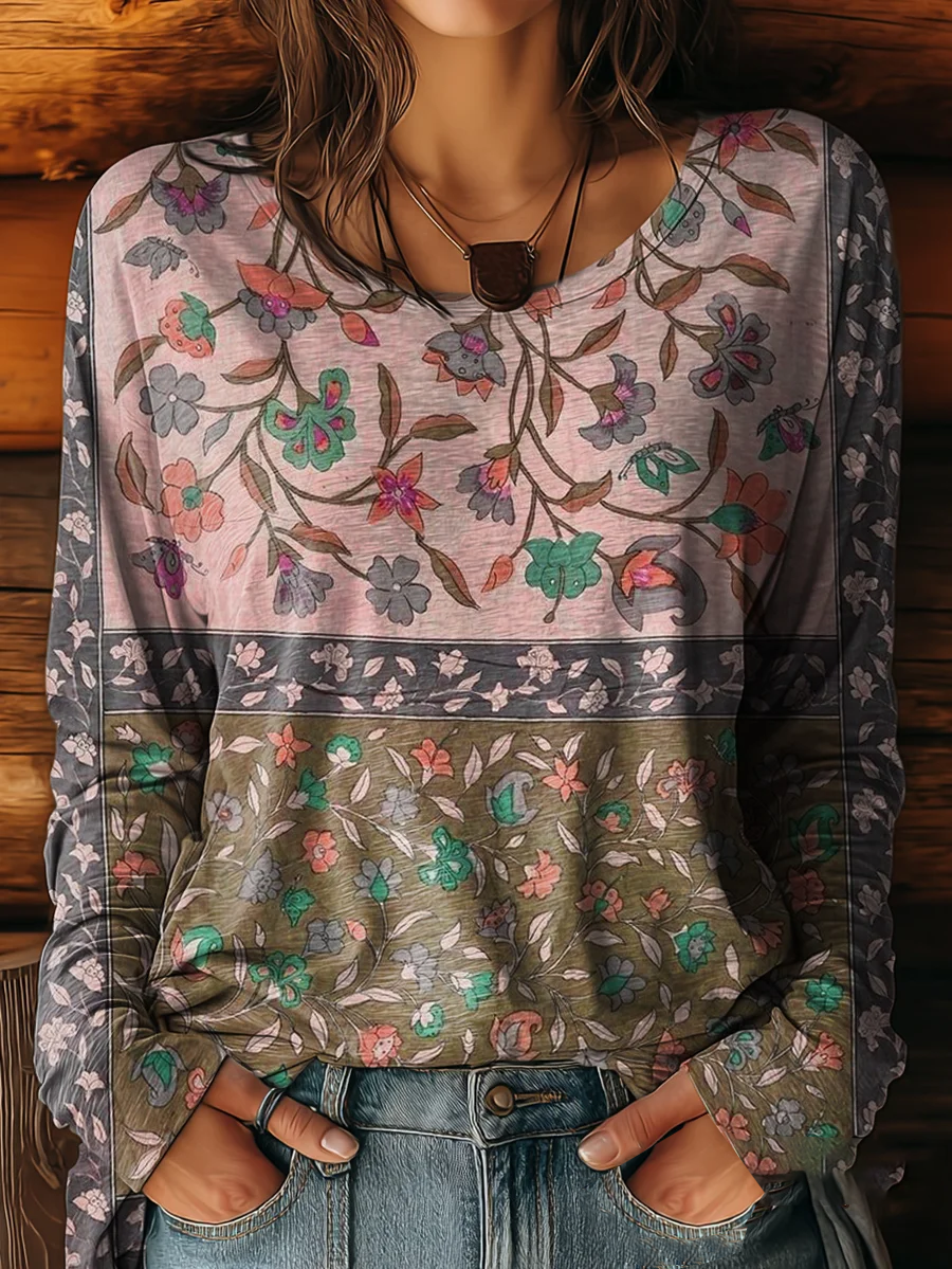 Damen Geblümt Langarm T-Shirts T-Shirt Rundhals Print Lässig Frühling/Herbst T-Shirt mit Grafik Oberteile