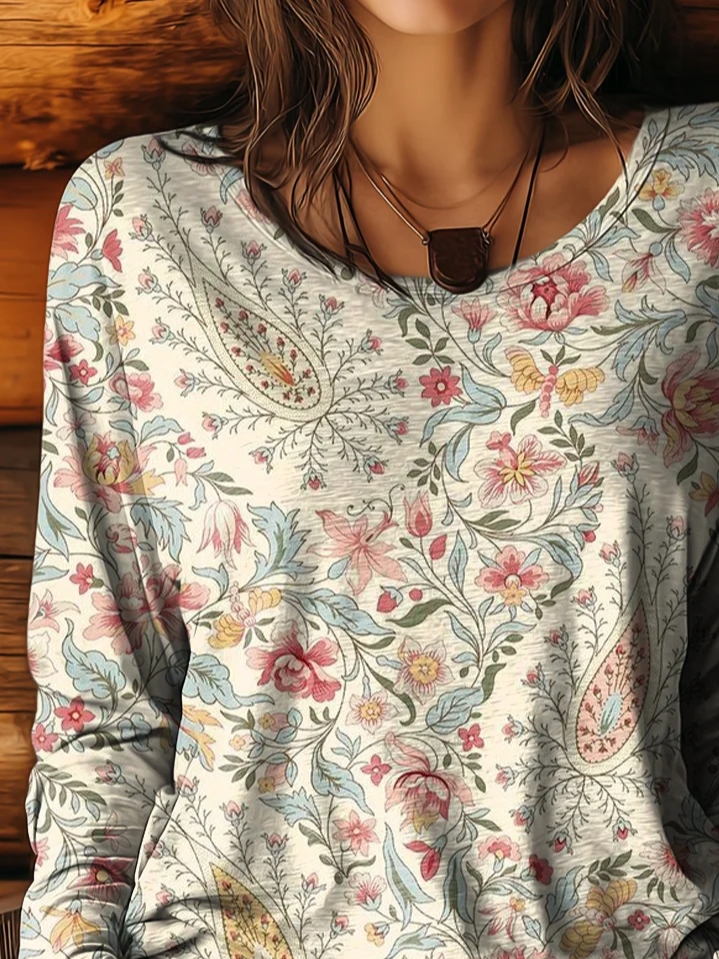 Damen Geblümt Langarm T-Shirts T-Shirt Rundhals Print Lässig Frühling/Herbst T-Shirt mit Grafik Oberteile