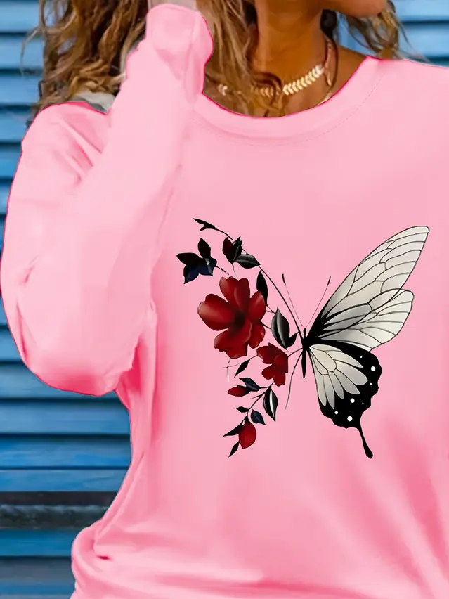 Damen Geblümt Langarm T-Shirts T-Shirt Rundhals Print Lässig Frühling/Herbst T-Shirt mit Grafik Oberteile