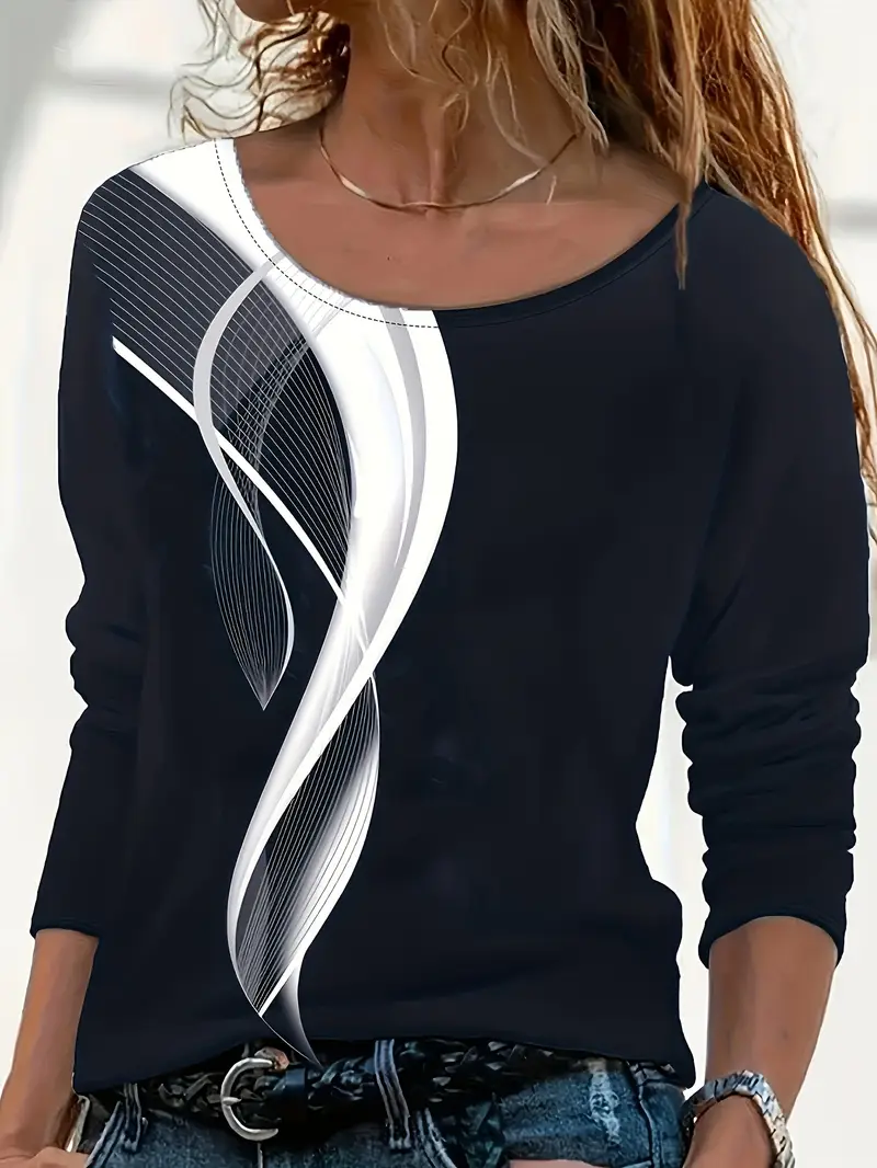 Damen Abstrakt Langarm T-Shirts T-Shirt Rundhals Print Lässig Frühling/Herbst T-Shirt mit Grafik Oberteile