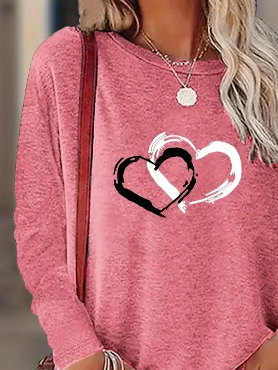 Damen Herz/Herz Langarm T-Shirts T-Shirt Rundhals Print Lässig Frühling/Herbst T-Shirt mit Grafik Oberteile