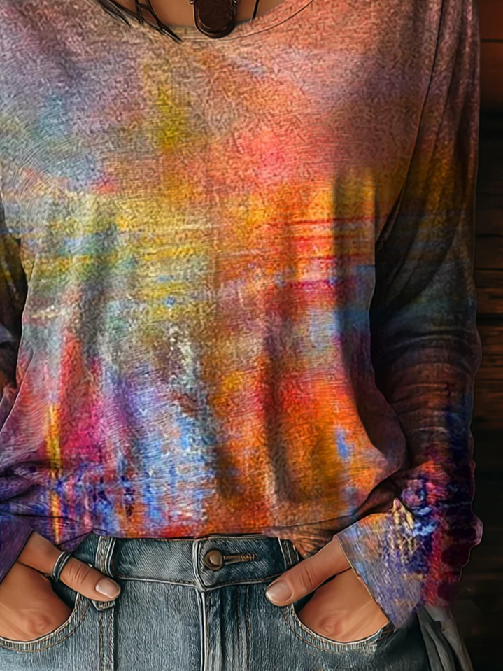 Damen Abstrakt Langarm T-Shirts T-Shirt Rundhals Print Lässig Frühling/Herbst T-Shirt mit Grafik Oberteile