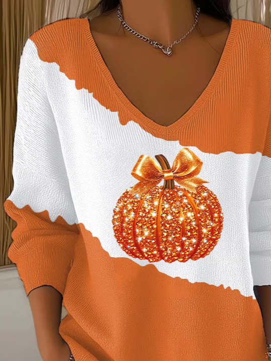 Damen Halloween (Kürbis) Langarm T-Shirts T-Shirt V-Ausschnitt Print Lässig Frühling/Herbst Oberteile