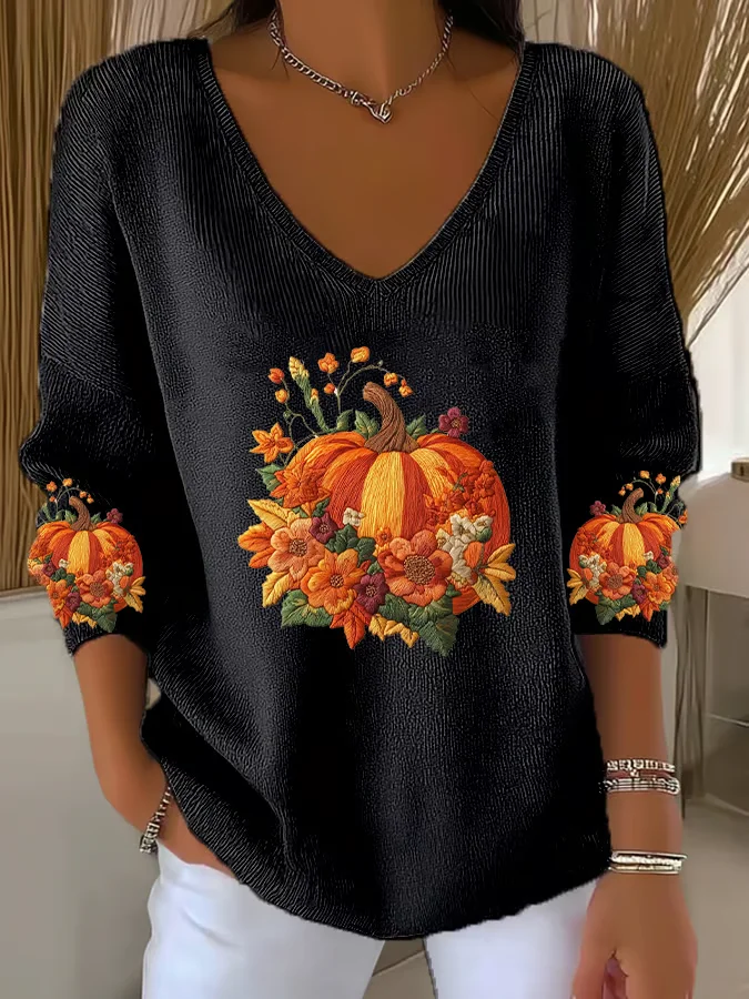 Damen Geblümt Langarm T-Shirts T-Shirt V-Ausschnitt Print Lässig Frühling/Herbst Oberteile