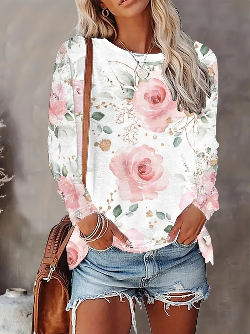 Damen Geblümt Langarm T-Shirts T-Shirt Rundhals Print Lässig Frühling/Herbst T-Shirt mit Grafik Oberteile