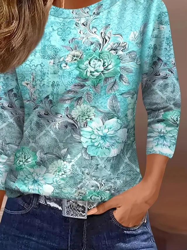 Damen Geblümt Dreiviertelärmel T-Shirts T-Shirt Rundhals Lässig Frühling/Herbst T-Shirt mit Grafik Oberteile