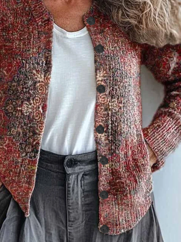Damen Ethnisch Retro Frühling/Herbst Print Strickjacke