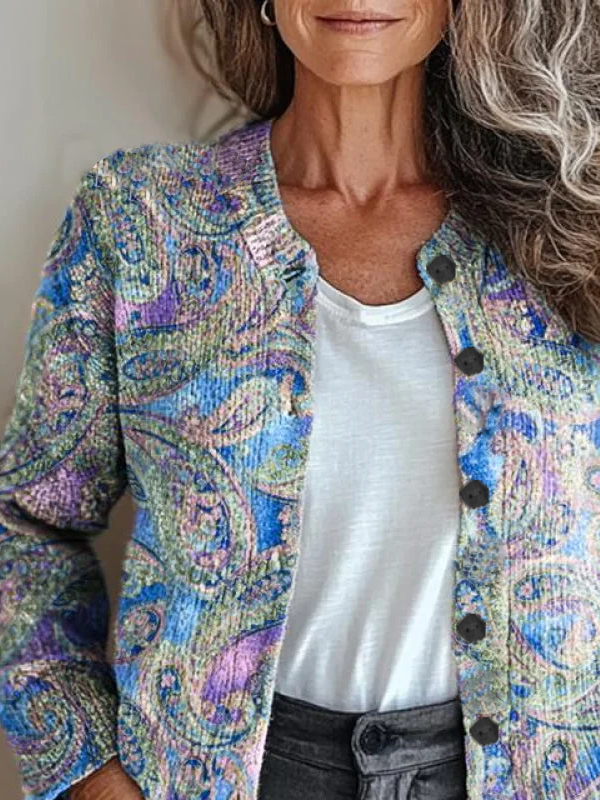 Damen Geblümt Retro Frühling/Herbst Print Strickjacke