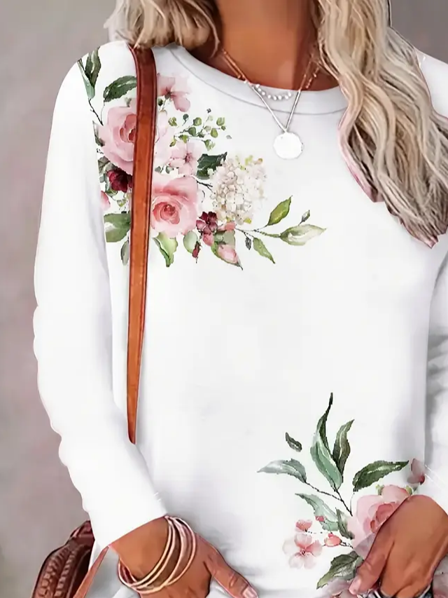 Damen Geblümt Langarm T-Shirts T-Shirt Rundhals Print Lässig Frühling/Herbst T-Shirt mit Grafik Oberteile