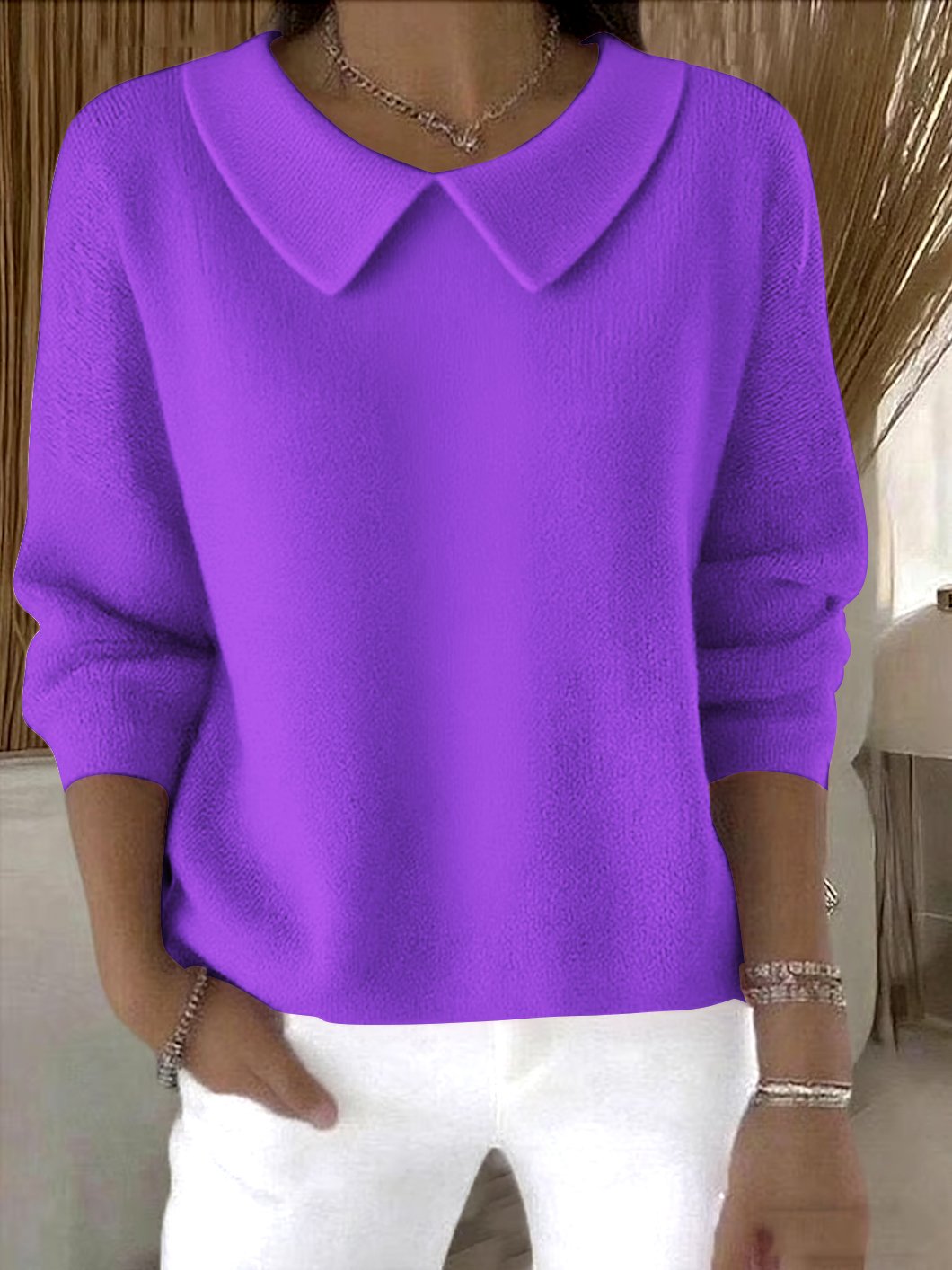 Damen Unifarben Frühling/Herbst Lässig Langarm Schalkragen Baumwolle Pullover