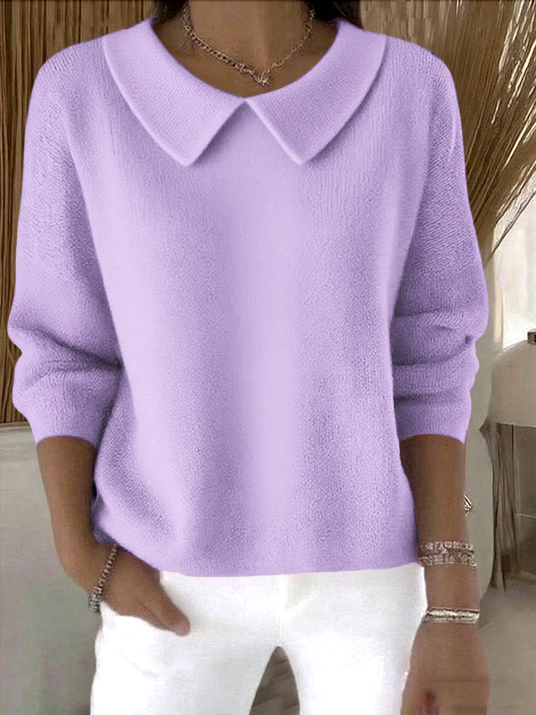 Damen Unifarben Frühling/Herbst Lässig Langarm Schalkragen Baumwolle Pullover