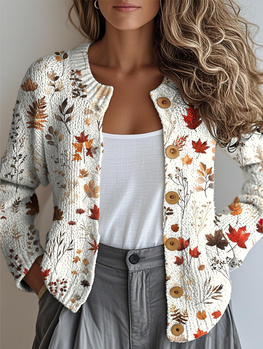 Damen Ahornblatt Knöpfe Langarm Rundhals Retro Frühling/Herbst Strickjacke Oberbekleidung