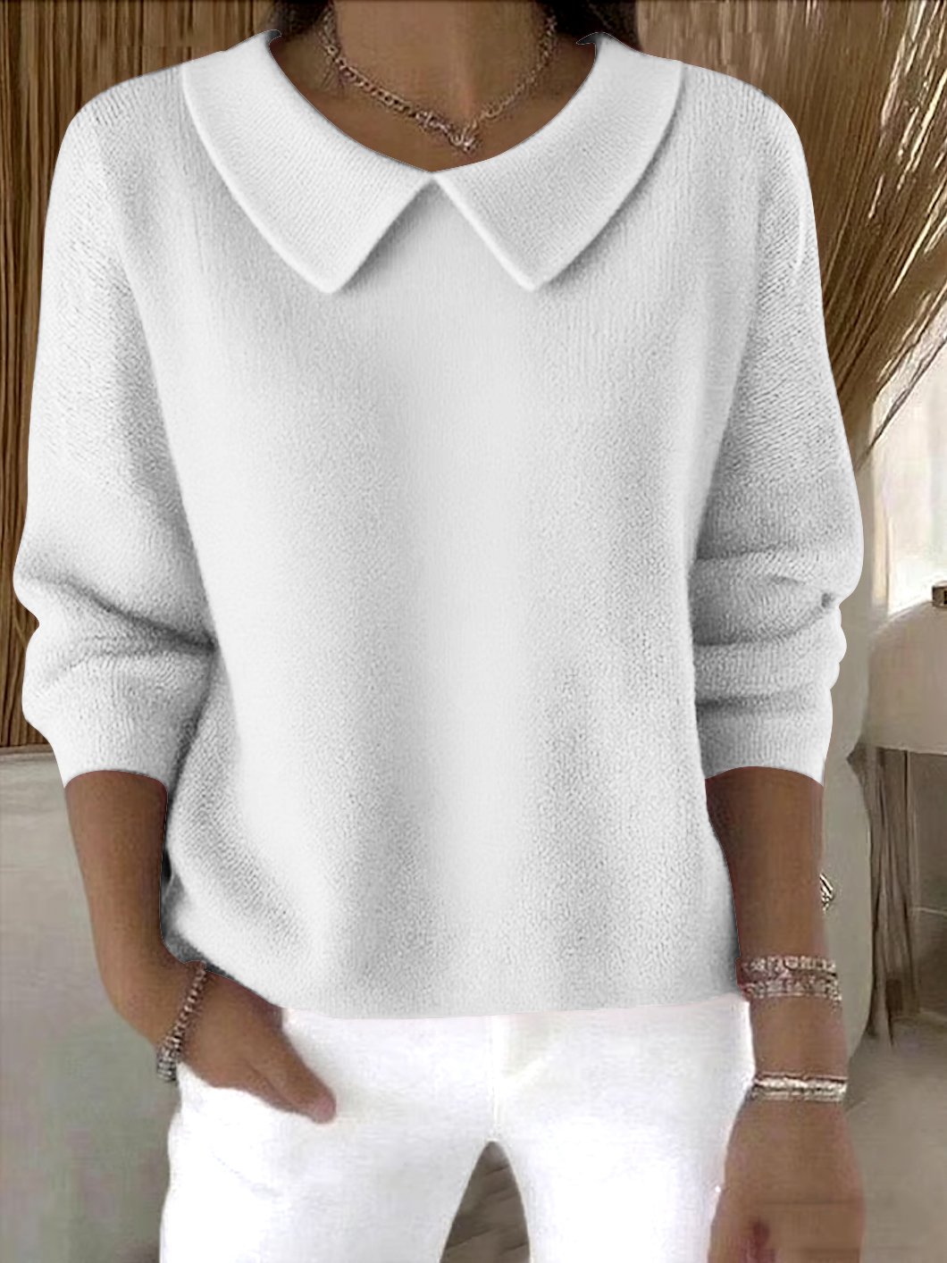 Damen Unifarben Frühling/Herbst Lässig Langarm Schalkragen Baumwolle Pullover