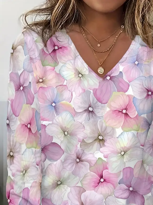 Damen Geblümt Langarm T-Shirts T-Shirt V-Ausschnitt Print Lässig Frühling/Herbst T-Shirt mit Grafik Oberteile