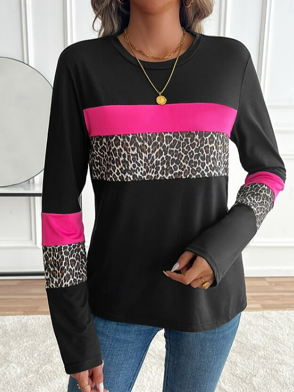 Damen Leopard Langarm T-Shirts T-Shirt Rundhals Print Lässig Frühling/Herbst T-Shirt mit Grafik Oberteile