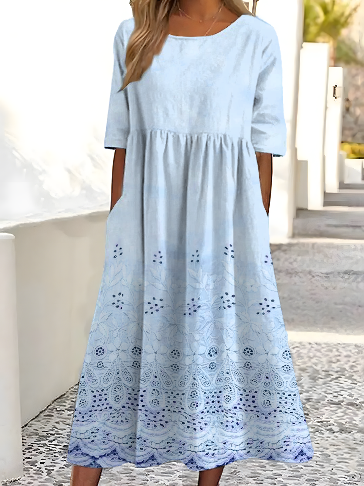 Damen Verlaufsmuster Halbarm Sommer Kleid Rundhals Täglich Retro Maxikleid Blusenkleid A-Linien-Kleid