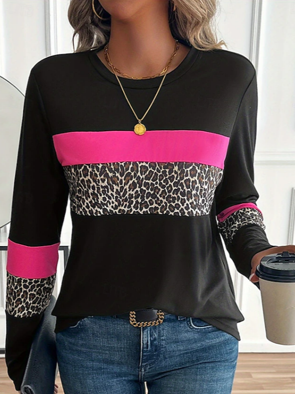 Damen Leopard Langarm T-Shirts T-Shirt Rundhals Print Lässig Frühling/Herbst T-Shirt mit Grafik Oberteile