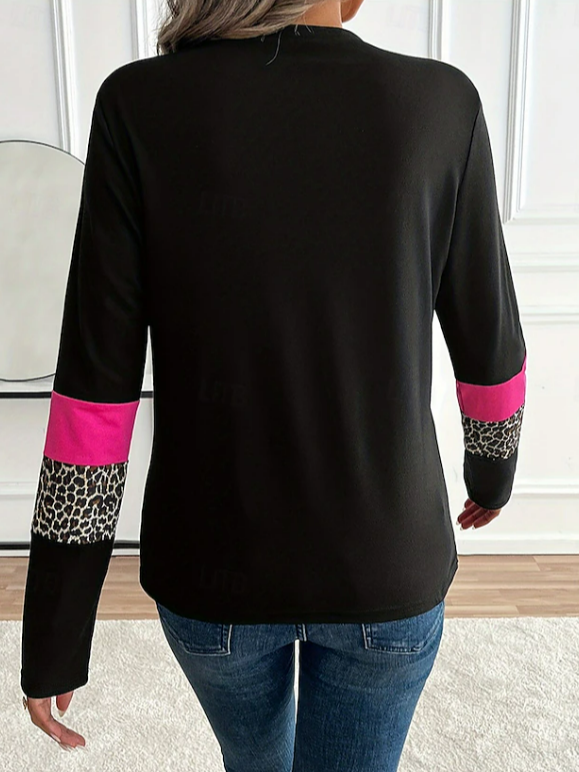 Damen Leopard Langarm T-Shirts T-Shirt Rundhals Print Lässig Frühling/Herbst T-Shirt mit Grafik Oberteile