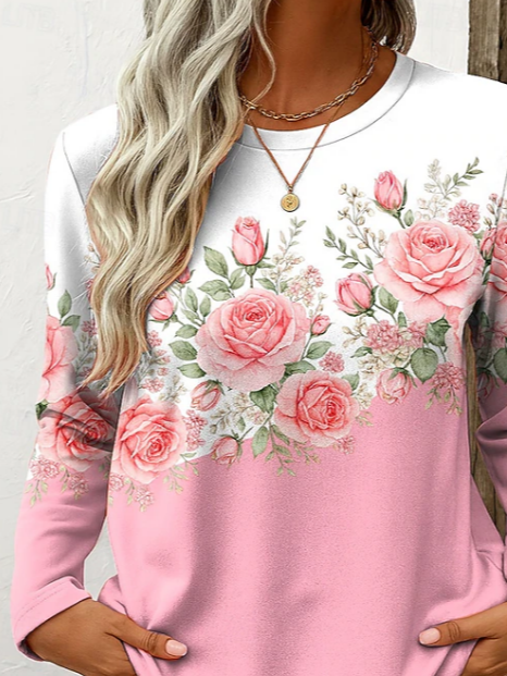 Damen Geblümt Langarm T-Shirts T-Shirt Rundhals Print Lässig Frühling/Herbst T-Shirt mit Grafik Oberteile