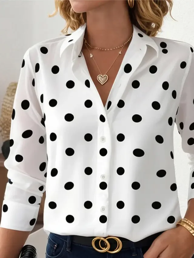 Damen Polka Dots Langarm Bluse Frühling/Herbst Schnalle Hemdkragen Normale Ärmel Täglich Lässig Oberteile