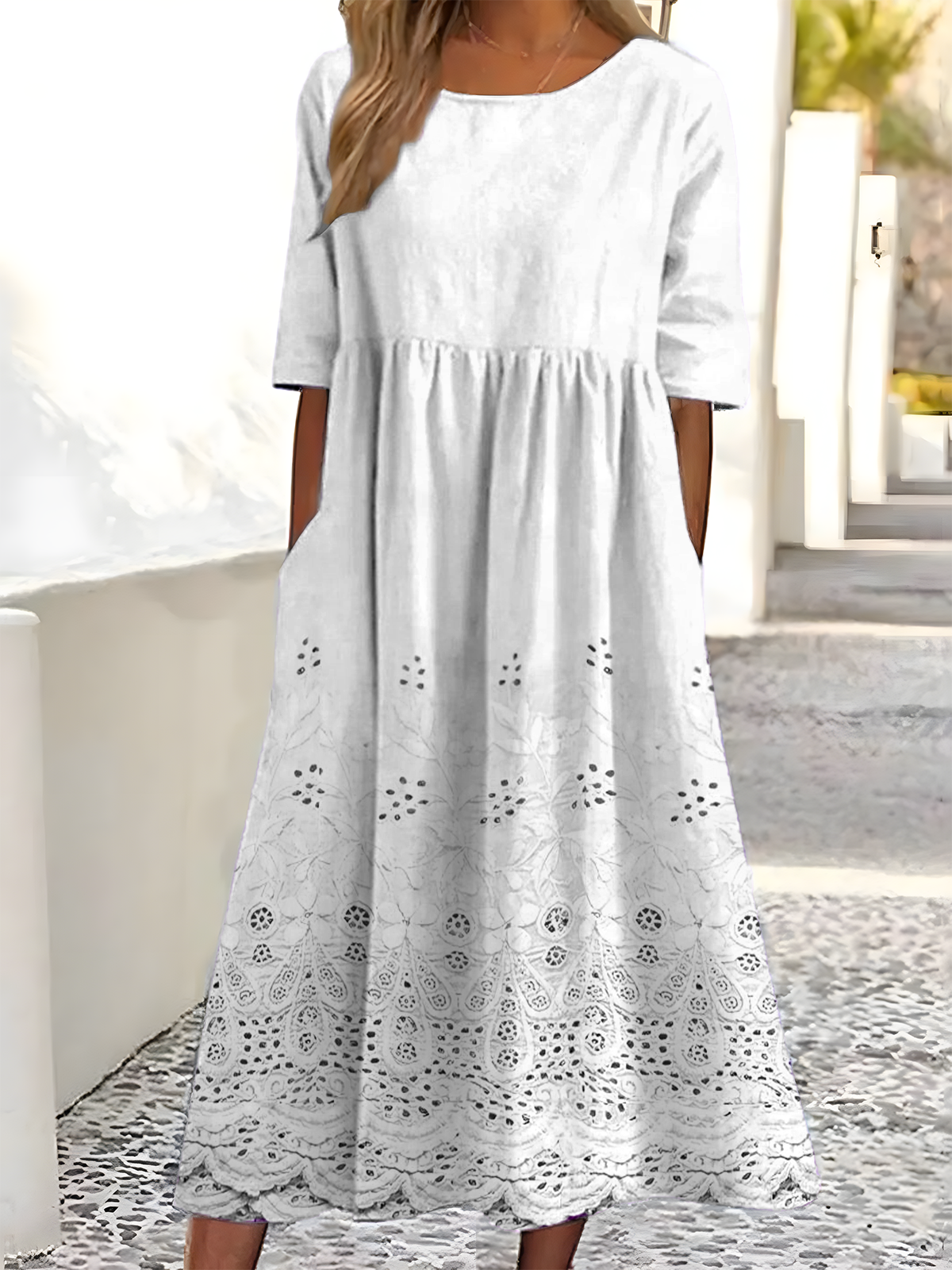 Damen Verlaufsmuster Halbarm Sommer Kleid Rundhals Täglich Retro Maxikleid Blusenkleid A-Linien-Kleid