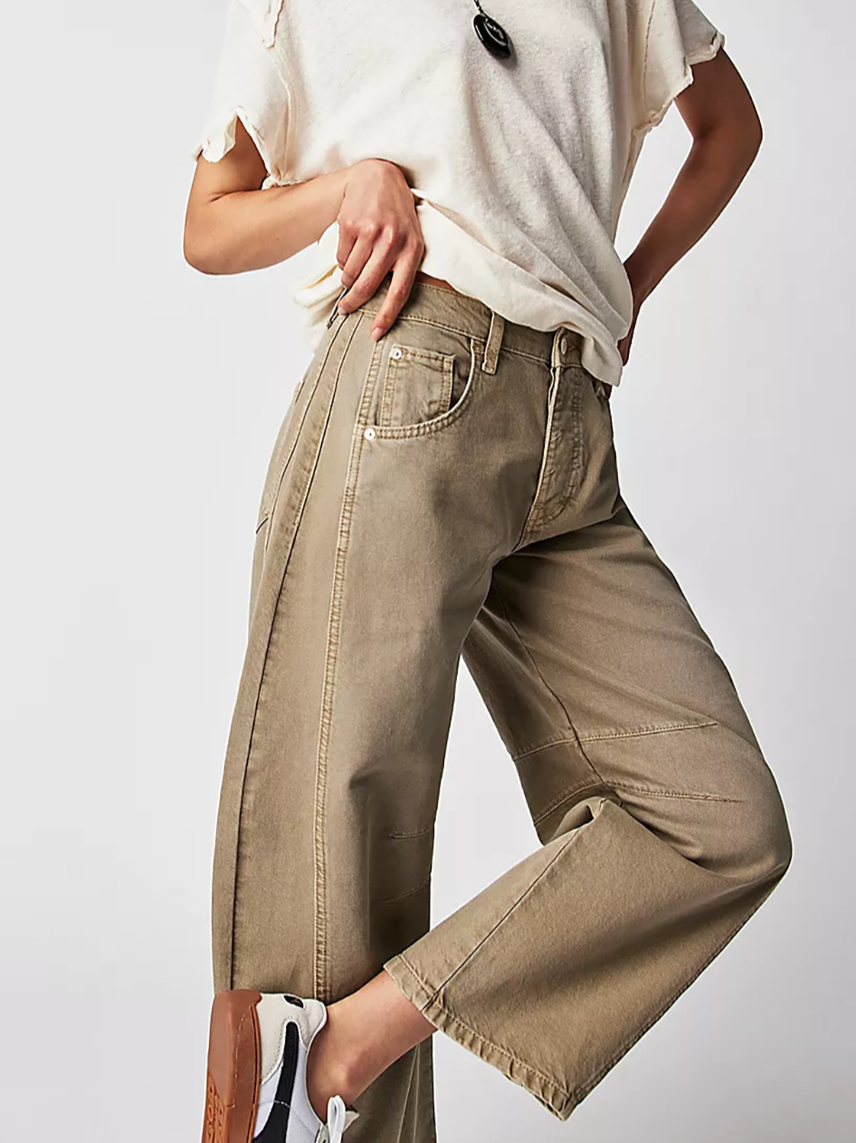 Schnalle Baumwolle Weit Lässig Damen Weit Hose mit Weitem Bein Mitte-niedrig Erheben Gewaschen Krummsäbel Hose Jeans